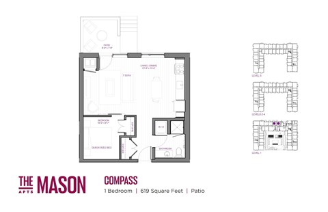 Floor plan for 1 bed, 1 bath, 617 sqft
