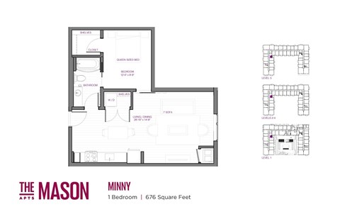 Floor plan for 1 bed, 1 bath, 676 sqft