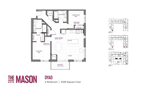 Floor plan for 2 beds, 2 baths, 1029 sqft