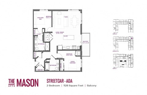 Floor plan for 2 beds, 2 baths, 1128 sqft