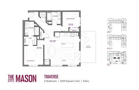 Floor plan for 2 beds, 2 baths, 1027 sqft