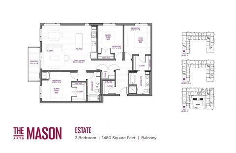 Floor plan for 3 beds, 2 baths, 1480 sqft