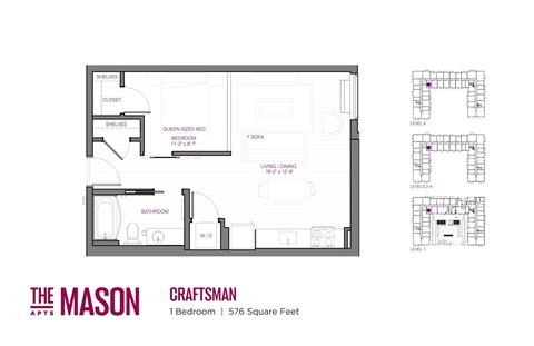 Floor plan for 1 bed, 1 bath, 576 sqft