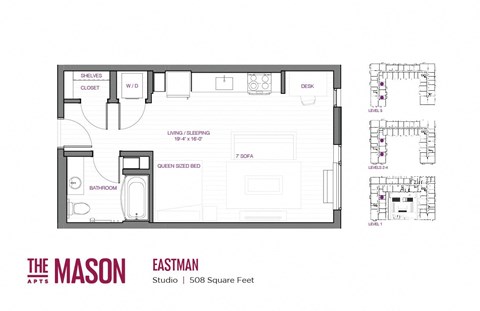 Floor plan for studio, 1 bath, 508 sqft
