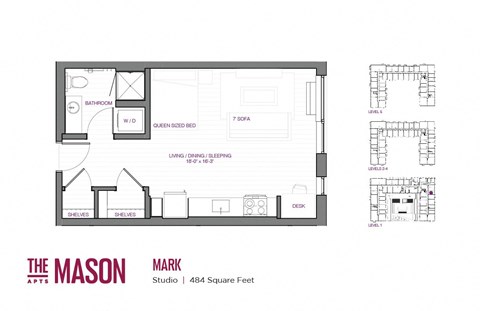 Floor plan for studio, 1 bath, 484 sqft