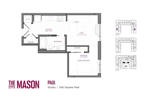 Floor plan for studio, 1 bath, 545 sqft