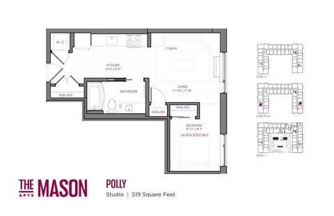 Floor plan for studio, 1 bath, 519 sqft