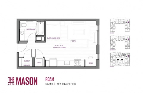 Floor plan for studio, 1 bath, 484 sqft