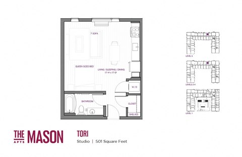 Floor plan for studio, 1 bath, 501 sqft