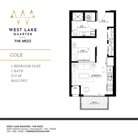 Floor plan for 1 bed, 1 bath, 512 sqft