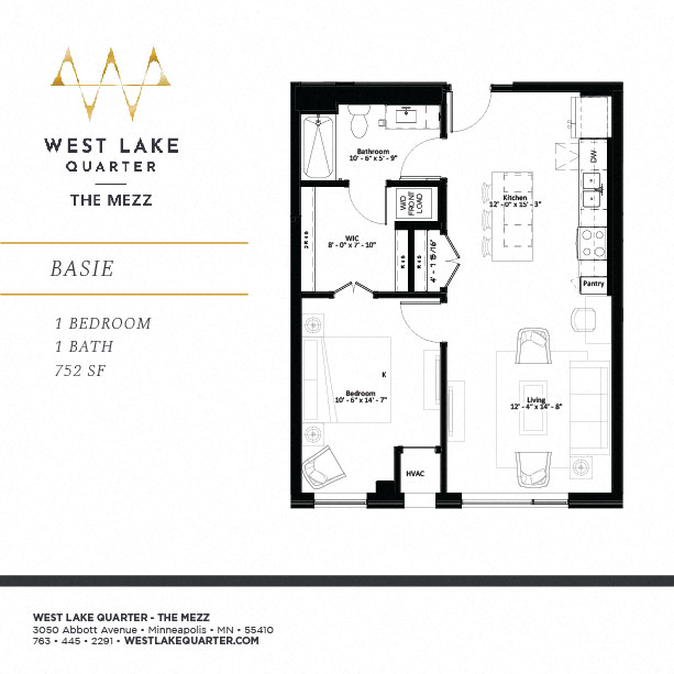 Floor plan for 1 bed, 1 bath, 752 sqft