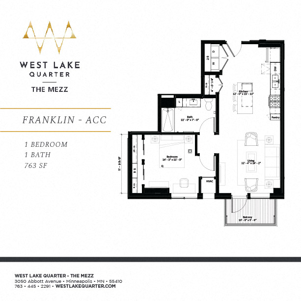 Floor plan for 1 bed, 1 bath, 763 sqft