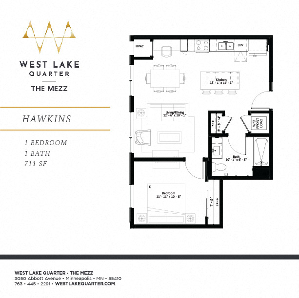 Floor plan for 1 bed, 1 bath, 713 sqft