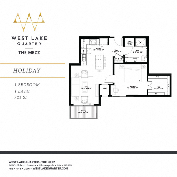 Floor plan for 1 bed, 1 bath, 721 sqft