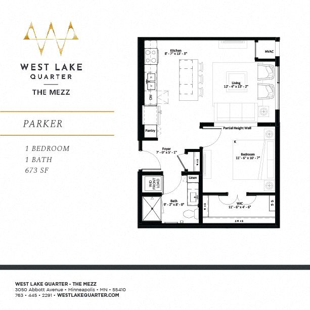 Floor plan for 1 bed, 1 bath, 674 sqft