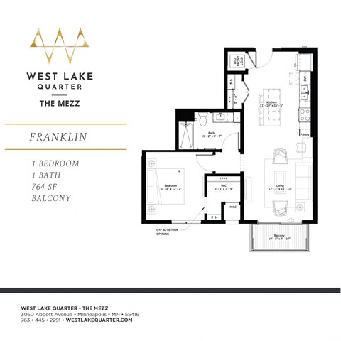 Floor plan for 1 bed, 1 bath, 764 sqft