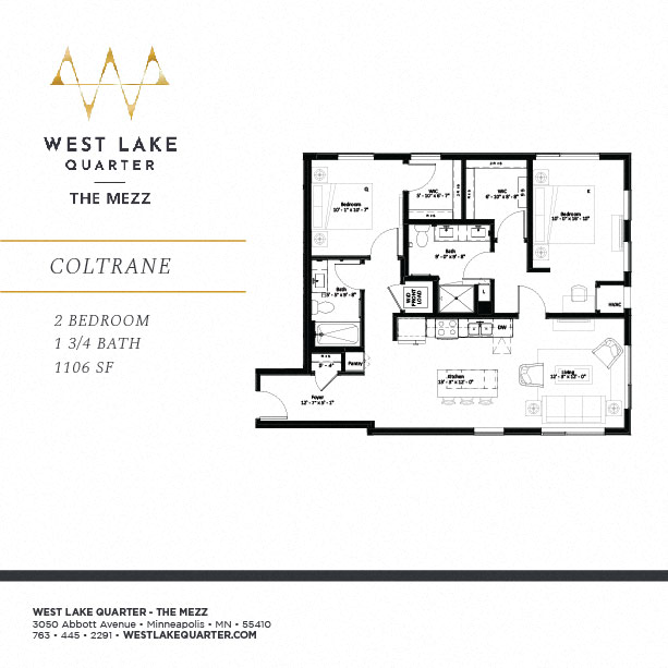 Floor plan for 2 beds, 2 baths, 1106 sqft