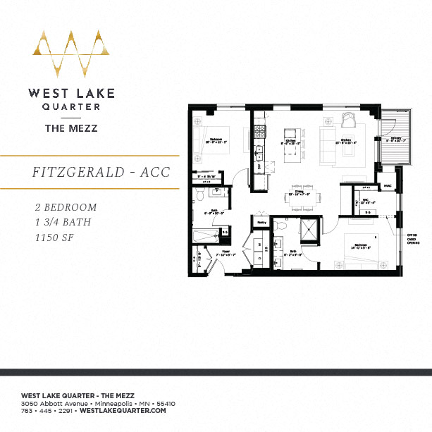Floor plan for 2 beds, 2 baths, 1150 sqft