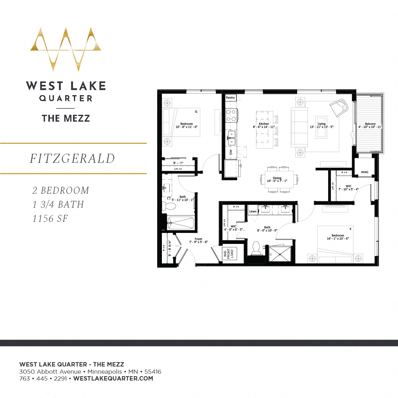 Floor plan for 2 beds, 2 baths, 1151 sqft