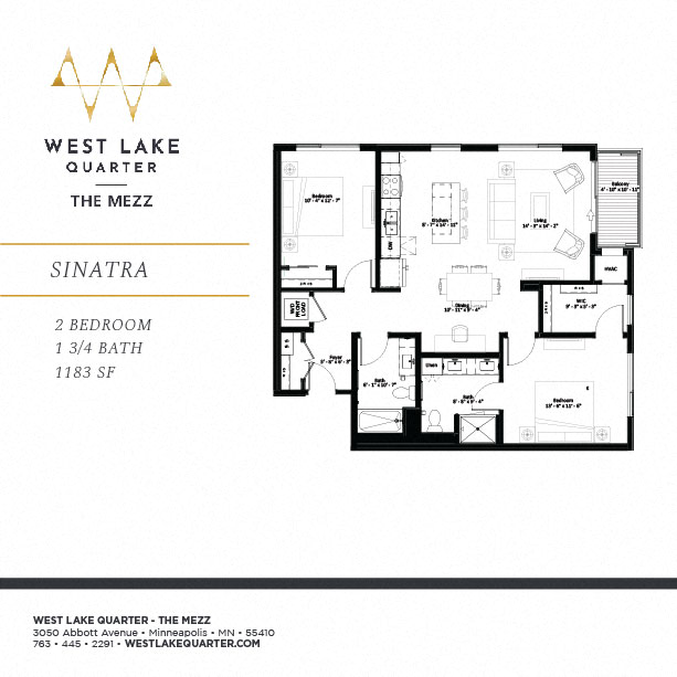 Floor plan for 2 beds, 2 baths, 1180 sqft
