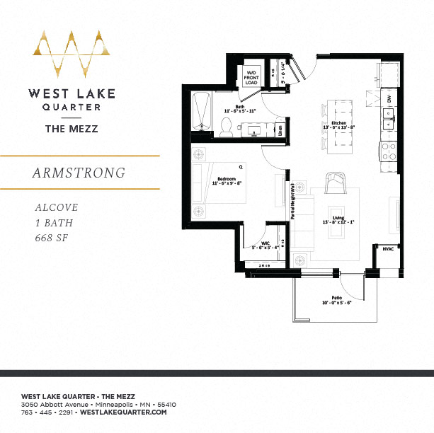 Floor plan for studio, 1 bath, 668 sqft