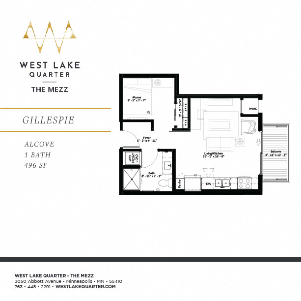 Floor plan for studio, 1 bath, 496 sqft