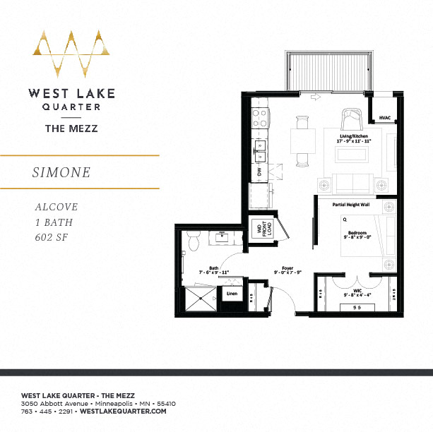 Floor plan for studio, 1 bath, 602 sqft