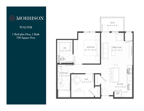 Floor plan for 1 bed, 1 bath, 799 sqft