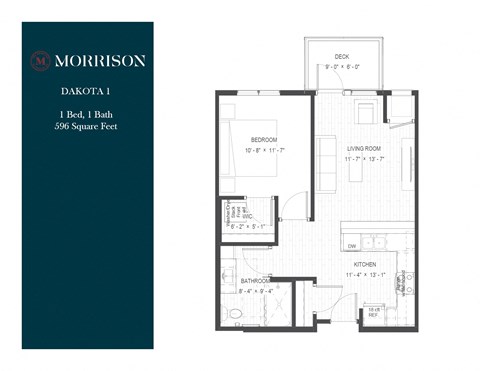 Floor plan for 1 bed, 1 bath, 596 sqft