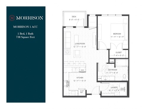 Floor plan for 1 bed, 1 bath, 738 sqft
