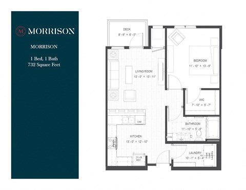 Floor plan for 1 bed, 1 bath, 732 sqft
