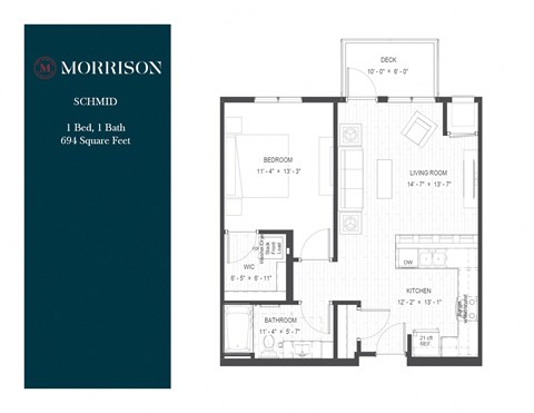 Floor plan for 1 bed, 1 bath, 694 sqft