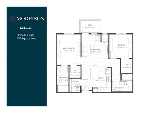 Floor plan for 2 beds, 2 baths, 933 sqft