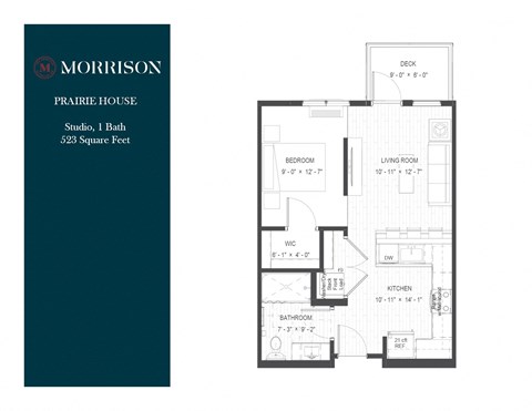 Floor plan for studio, 1 bath, 523 sqft