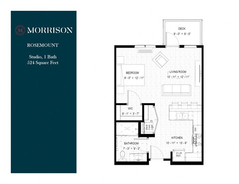 Floor plan for studio, 1 bath, 524 sqft
