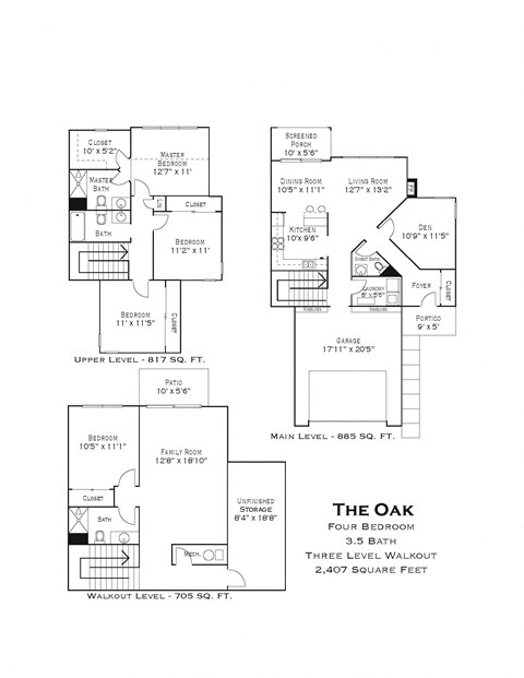 Floor plan for 4 beds, 3.5 baths, 2407 sqft