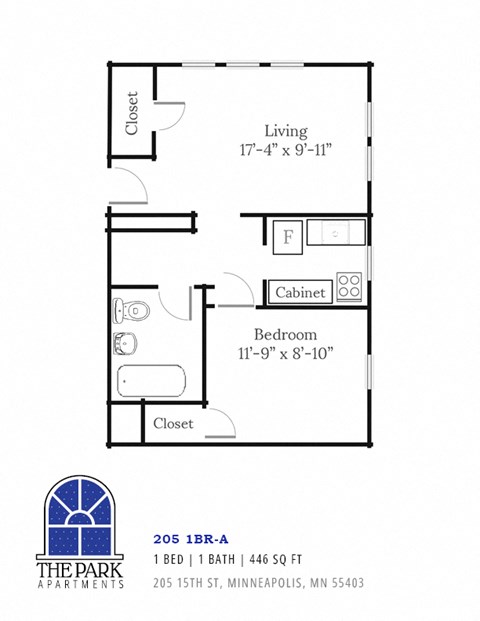 Floor plan for 1 bed, 1 bath, 446 sqft