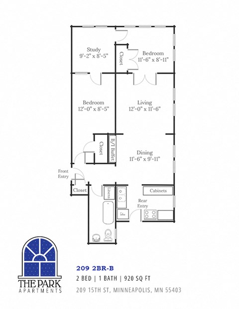 Floor plan for 2 beds, 1 bath, 920 sqft