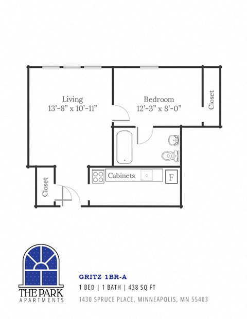 Floor plan for 1 bed, 1 bath, 438 sqft