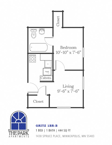 Floor plan for 1 bed, 1 bath, 444 sqft
