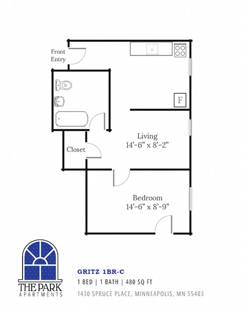 Floor plan for 1 bed, 1 bath