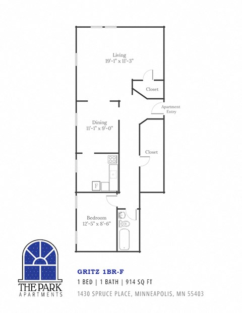 Floor plan for 1 bed, 1 bath, 914 sqft