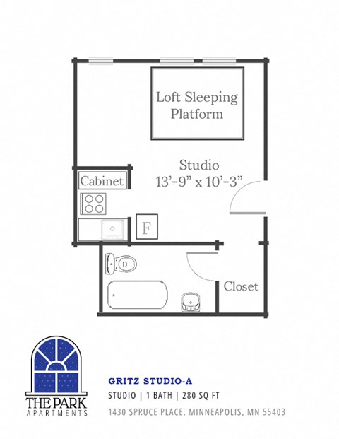 Floor plan for studio, 1 bath, 280 sqft