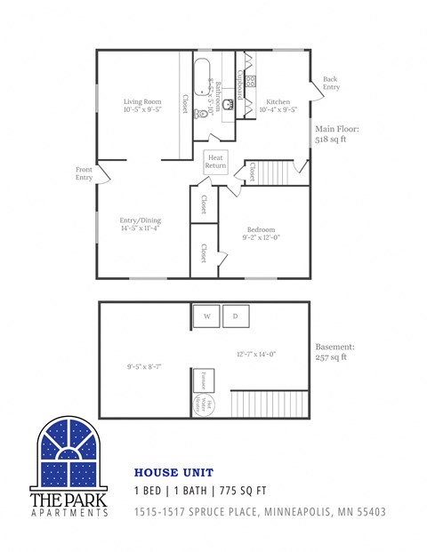 Floor plan for 1 bed, 1 bath, 893 sqft