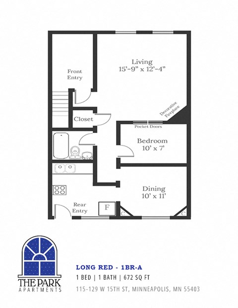 Floor plan for 1 bed, 1 bath, 672 sqft