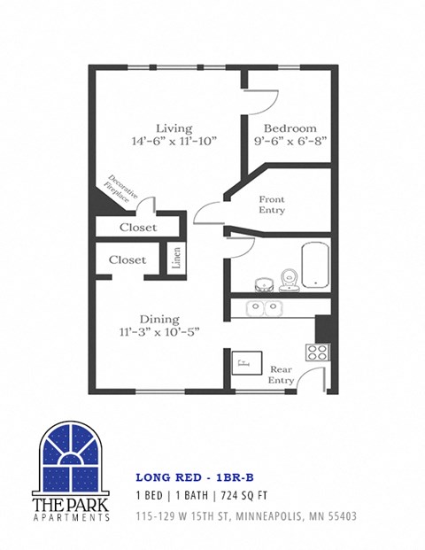 Floor plan for 1 bed, 1 bath, 724 sqft