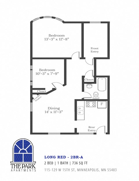 Floor plan for 2 beds, 1 bath, 736 sqft