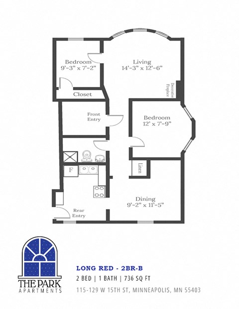 Floor plan for 2 beds, 1 bath, 736 sqft