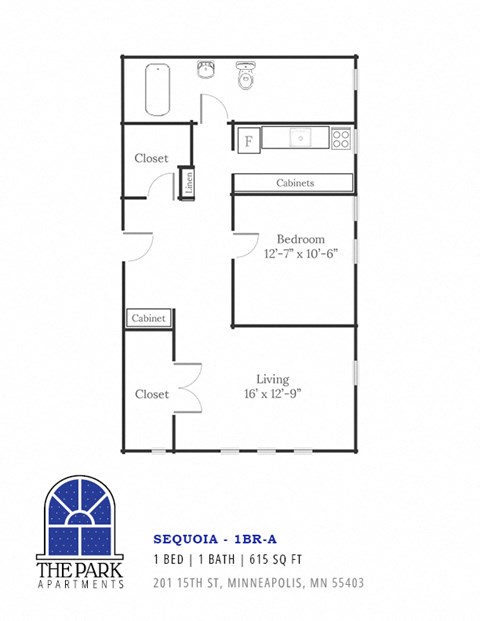 Floor plan for 1 bed, 1 bath, 615 sqft