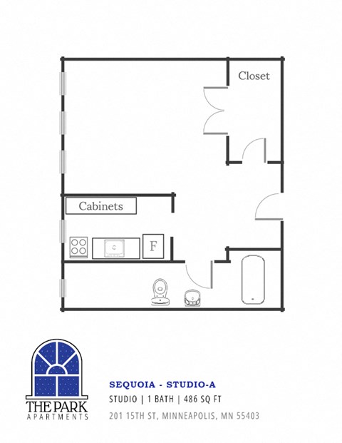 Floor plan for studio, 1 bath, 486 sqft